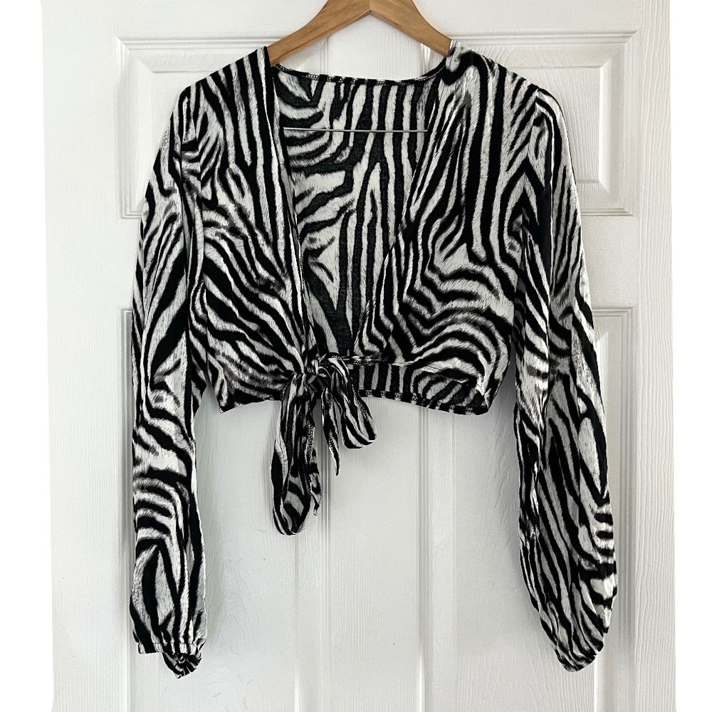 Zebra Tie Front Long Sleeve Top